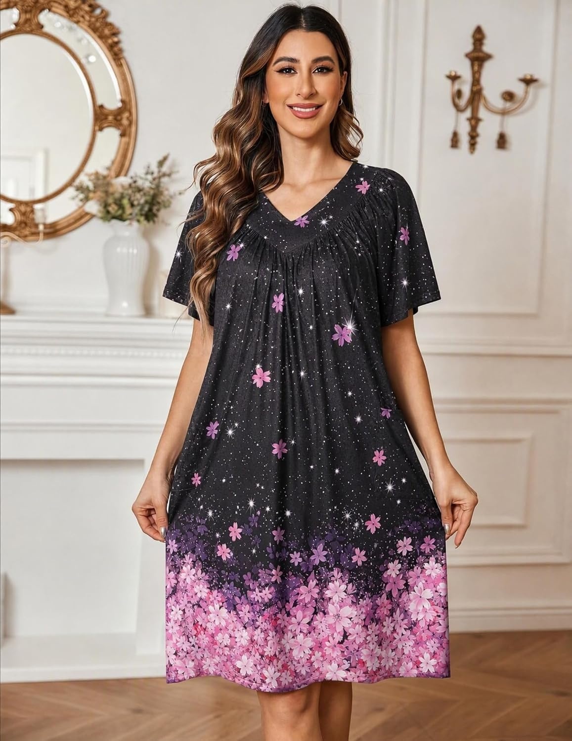 image:imageEkouaer Womens House Dress Floral Print Nightgown with Pockets Mumu DressBlack Sakura