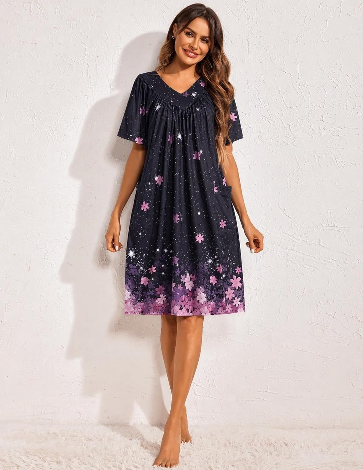 image:imageEkouaer Womens House Dress Floral Print Nightgown with Pockets Mumu DressBlack Sakura