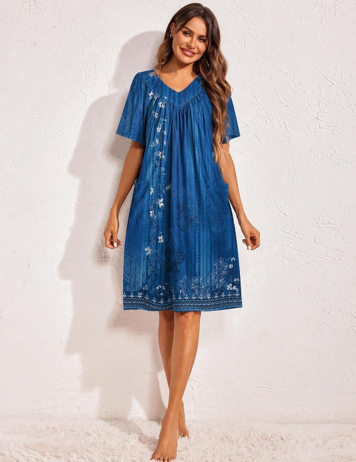 image:imageEkouaer Womens House Dress Floral Print Nightgown with Pockets Mumu DressBlue Boho Flower