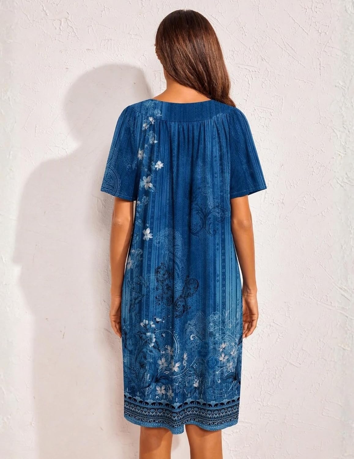 image:imageEkouaer Womens House Dress Floral Print Nightgown with Pockets Mumu DressBlue Boho Flower