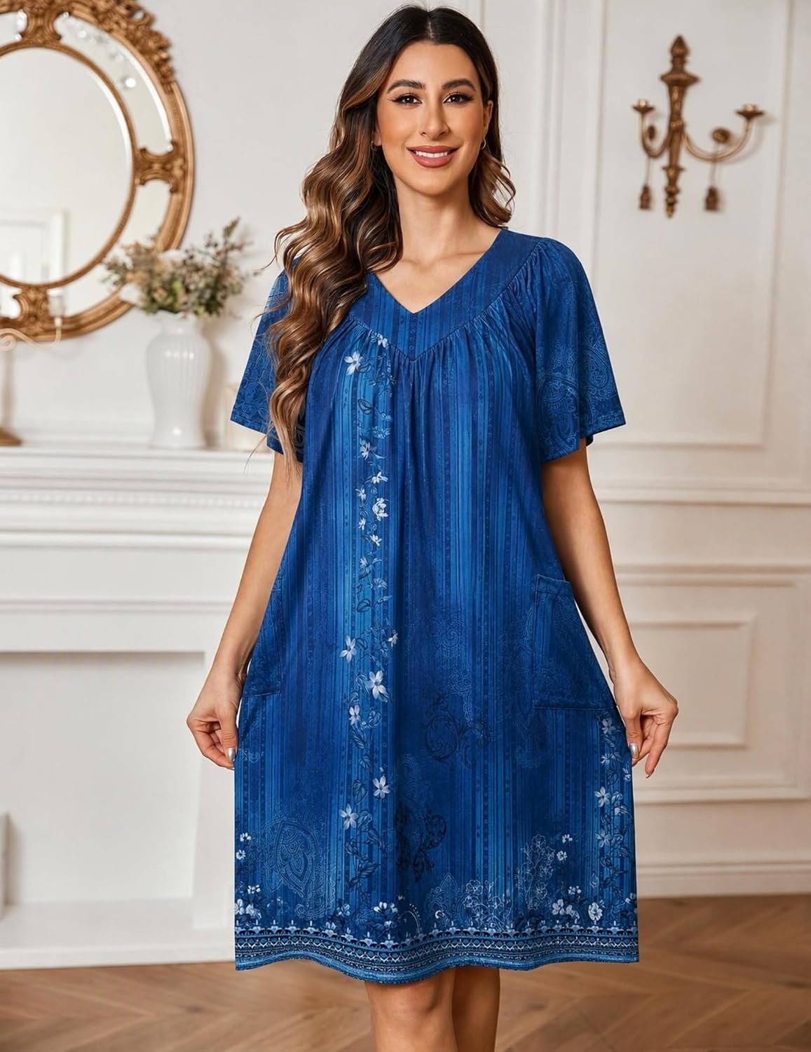image:imageEkouaer Womens House Dress Floral Print Nightgown with Pockets Mumu DressBlue Boho Flower