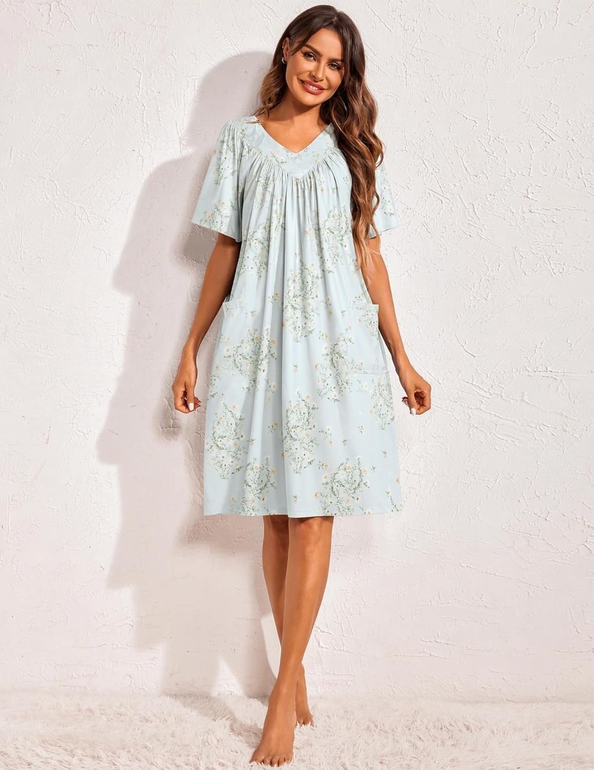 image:imageEkouaer Womens House Dress Floral Print Nightgown with Pockets Mumu DressLight Green Daisies