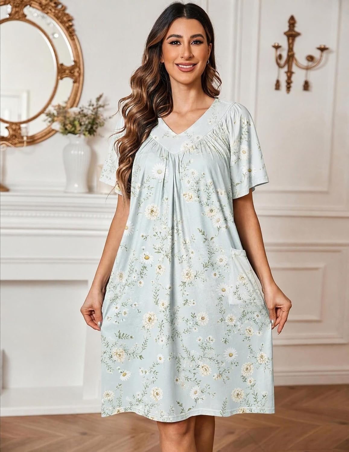 image:imageEkouaer Womens House Dress Floral Print Nightgown with Pockets Mumu DressLight Green Daisies
