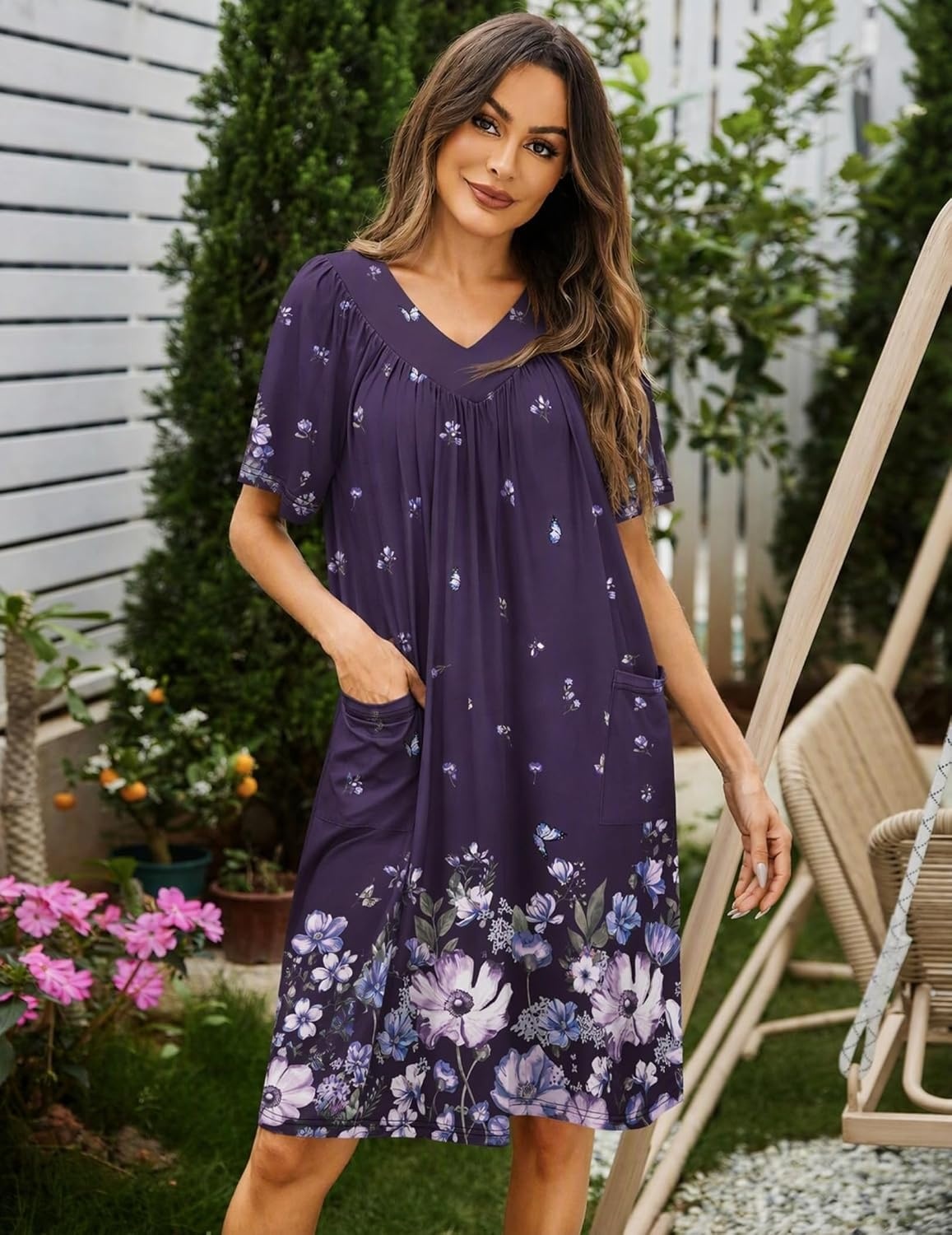 image:imageEkouaer Womens House Dress Floral Print Nightgown with Pockets Mumu DressPurple Butterfly Flower