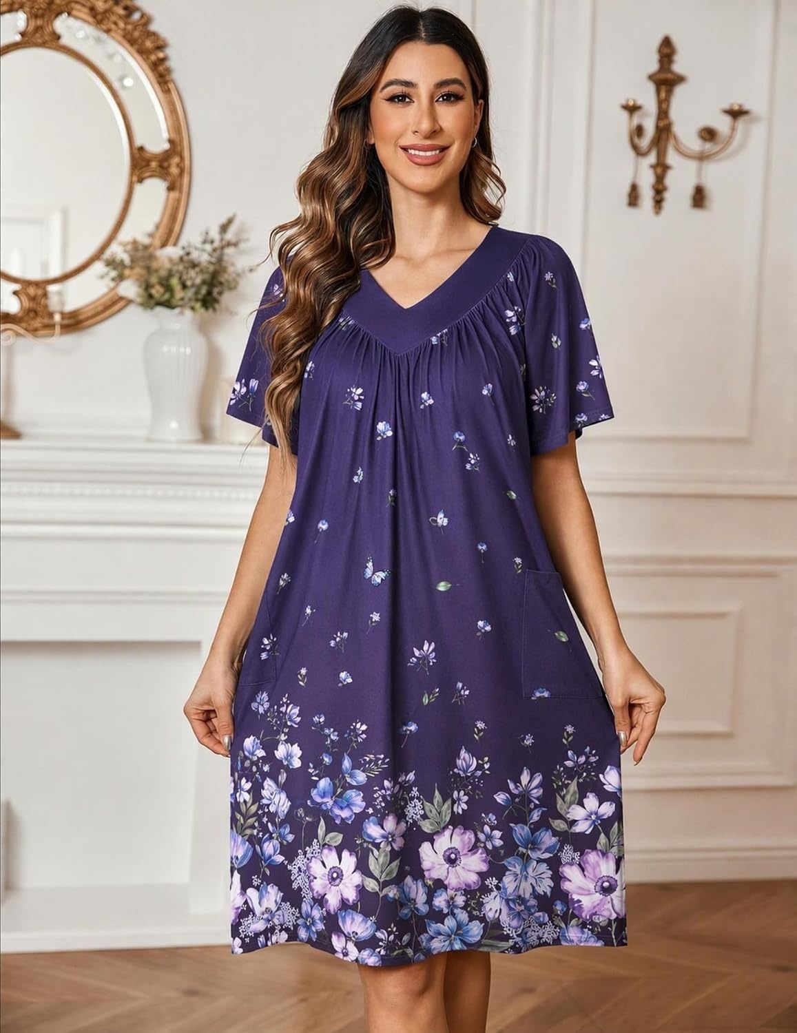 image:imageEkouaer Womens House Dress Floral Print Nightgown with Pockets Mumu DressPurple Butterfly Flower
