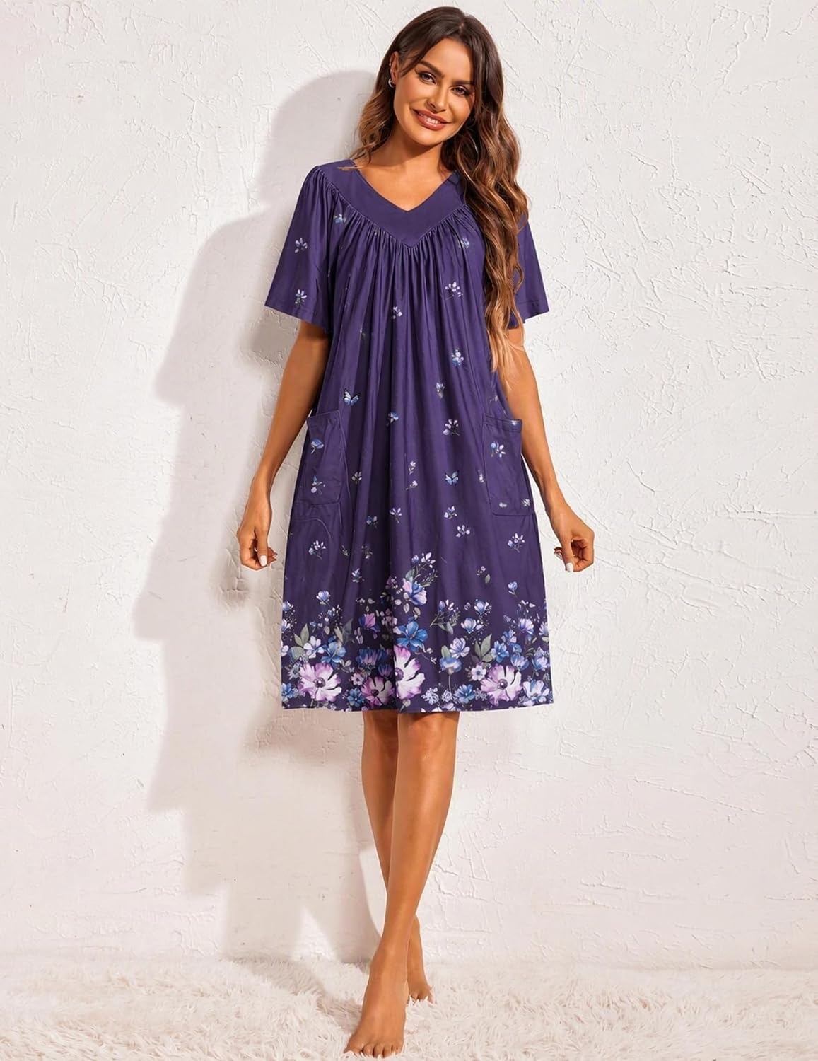 image:imageEkouaer Womens House Dress Floral Print Nightgown with Pockets Mumu DressPurple Butterfly Flower