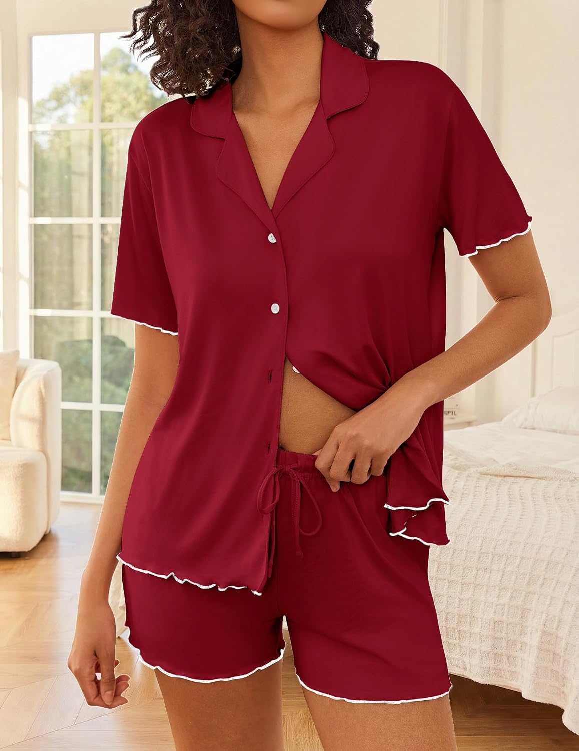 image:imageEkouaer Womens Pajama Sets Button Up Pjs Shorts Set Soft Sleepwear SXXLWine Red