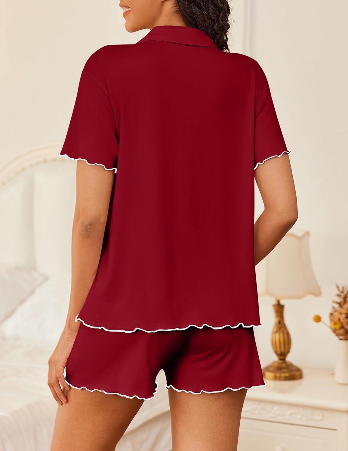 image:imageEkouaer Womens Pajama Sets Button Up Pjs Shorts Set Soft Sleepwear SXXLWine Red