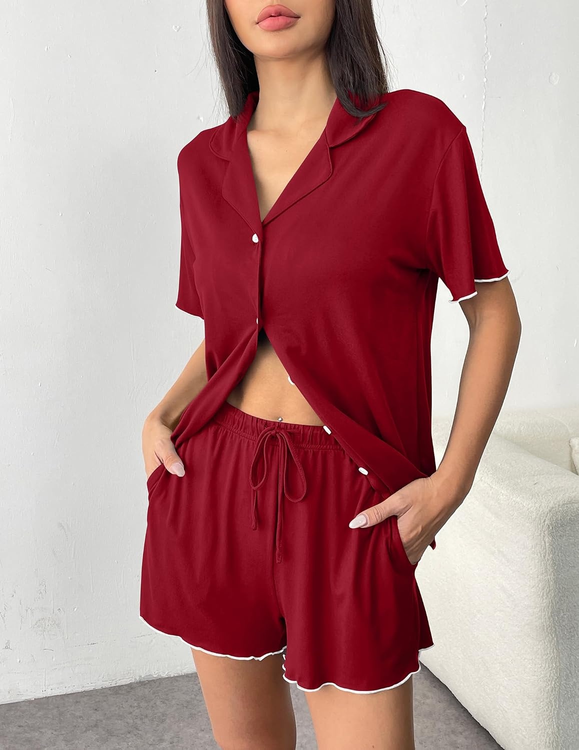 image:imageEkouaer Womens Pajama Sets Button Up Pjs Shorts Set Soft Sleepwear SXXLWine Red