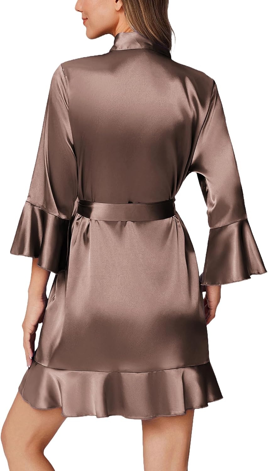 image:imageEkouaer Womens Satin Robe Short Ruffle Hem Silky Kimono Brides BathrobesBrown