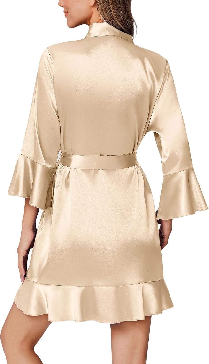 image:imageEkouaer Womens Satin Robe Short Ruffle Hem Silky Kimono Brides BathrobesChampaign Gold