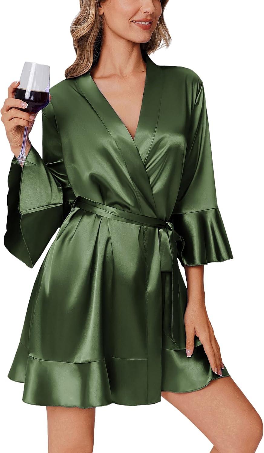 image:imageEkouaer Womens Satin Robe Short Ruffle Hem Silky Kimono Brides BathrobesDark Army Green
