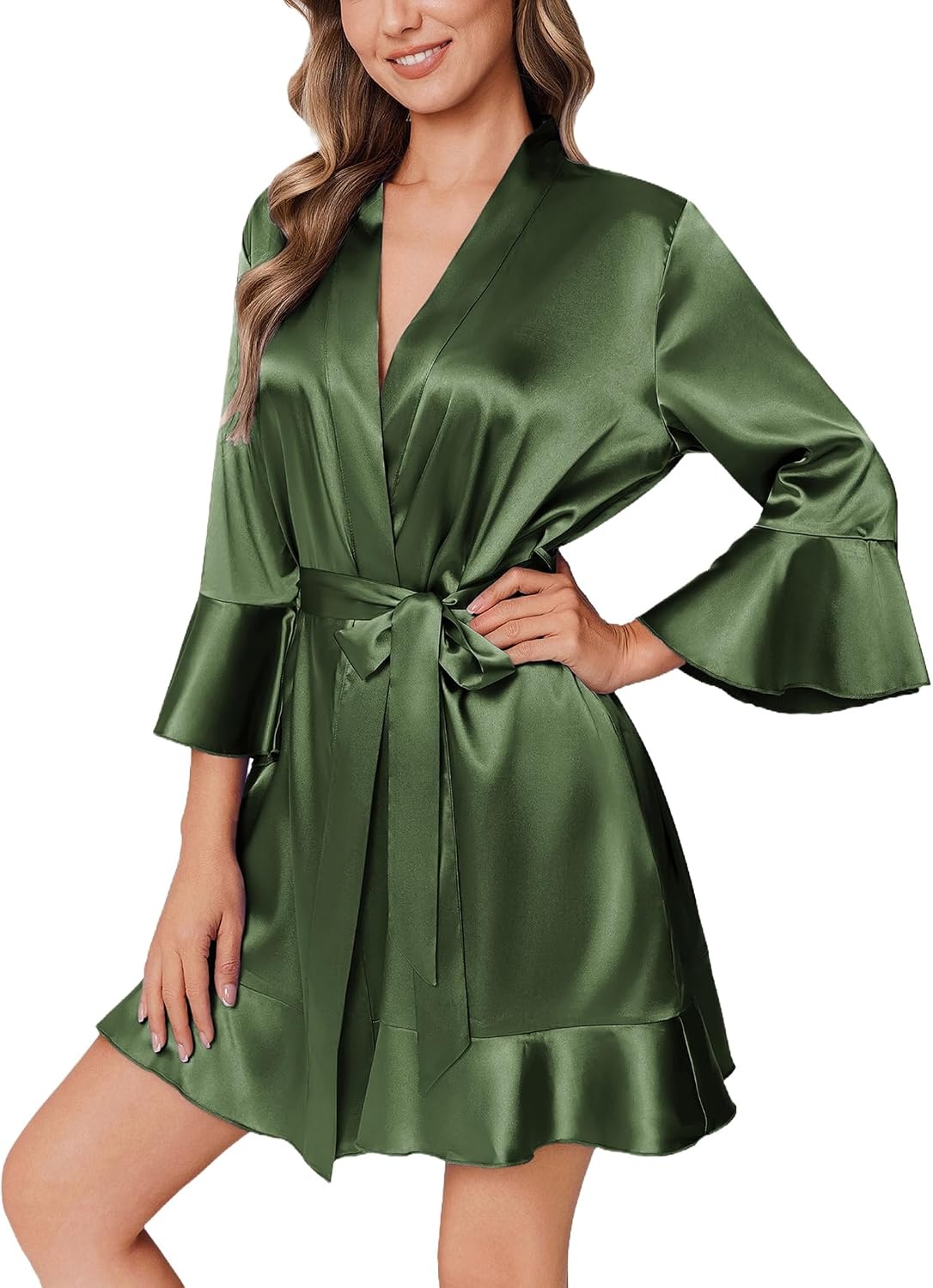 image:imageEkouaer Womens Satin Robe Short Ruffle Hem Silky Kimono Brides BathrobesDark Army Green