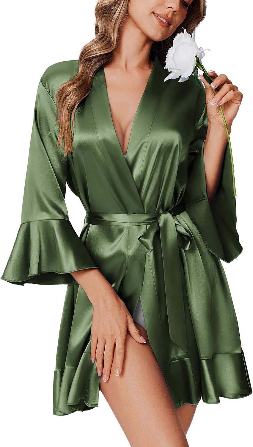 image:imageEkouaer Womens Satin Robe Short Ruffle Hem Silky Kimono Brides BathrobesDark Army Green
