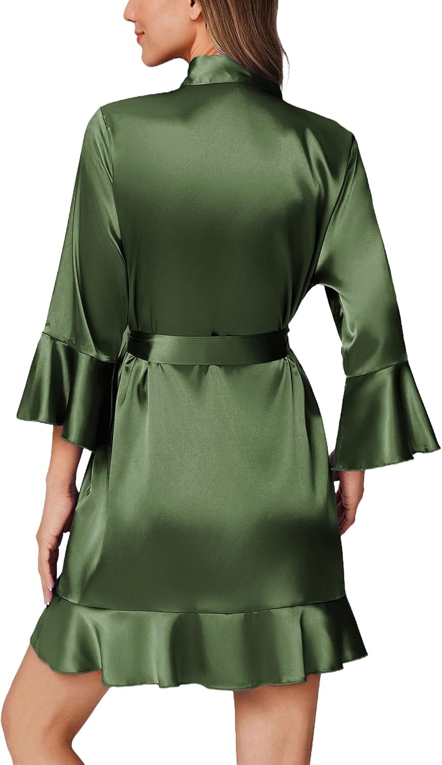 image:imageEkouaer Womens Satin Robe Short Ruffle Hem Silky Kimono Brides BathrobesDark Army Green