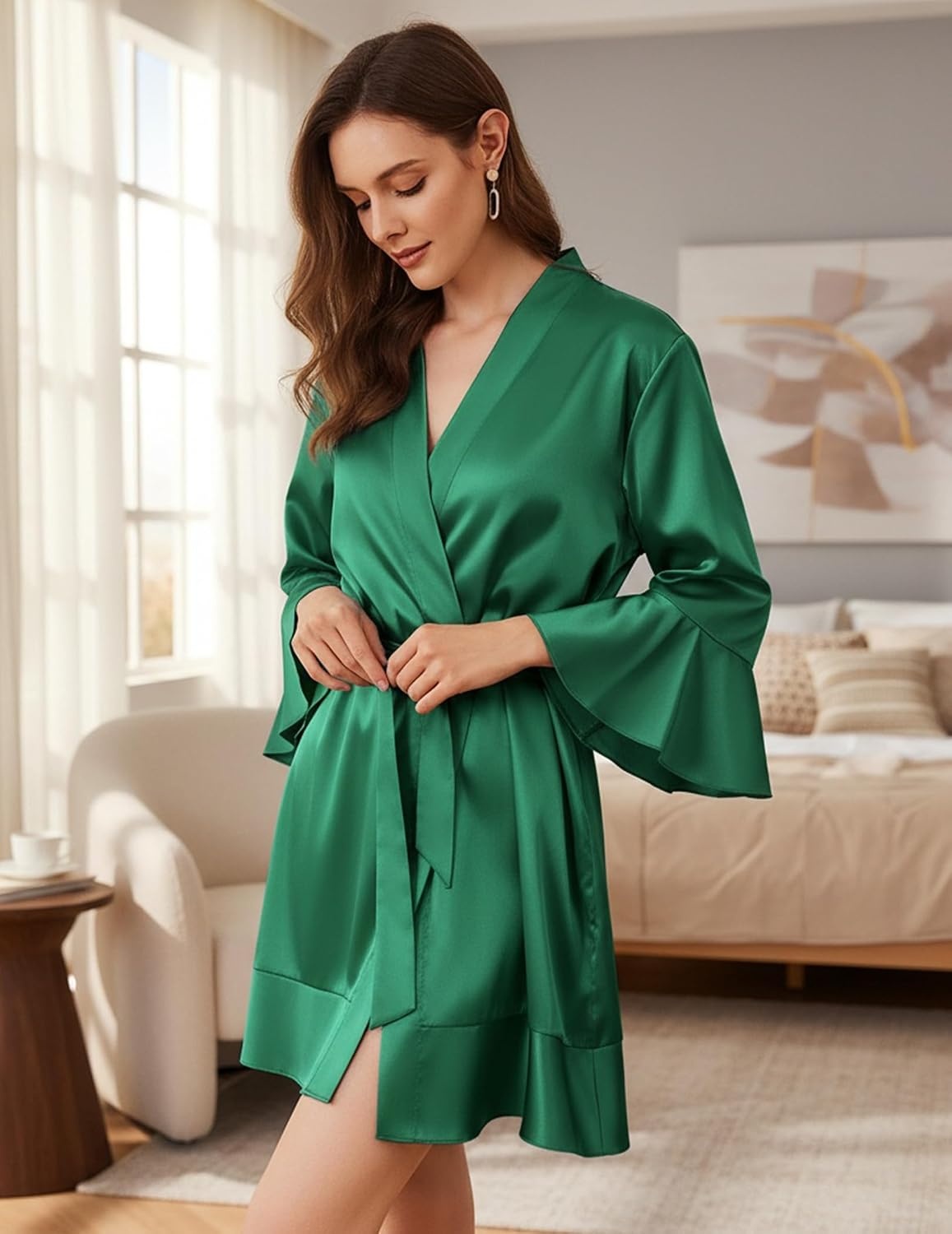 image:imageEkouaer Womens Satin Robe Short Ruffle Hem Silky Kimono Brides BathrobesDark Green