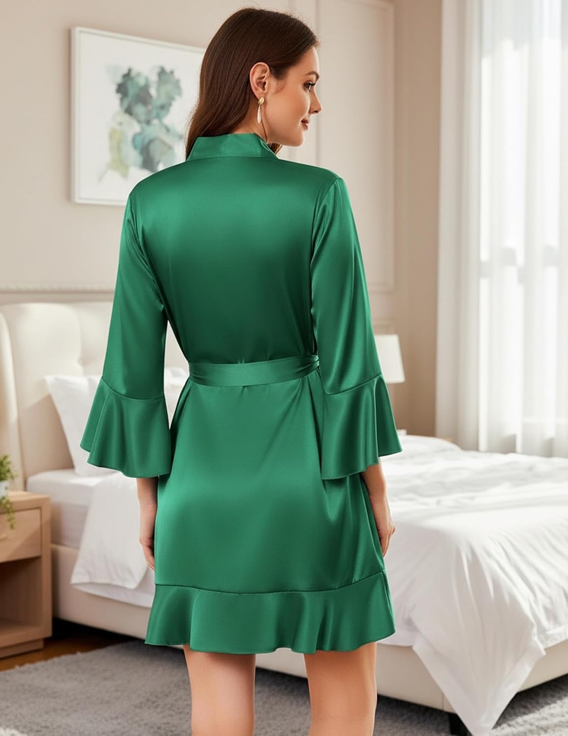 image:imageEkouaer Womens Satin Robe Short Ruffle Hem Silky Kimono Brides BathrobesDark Green