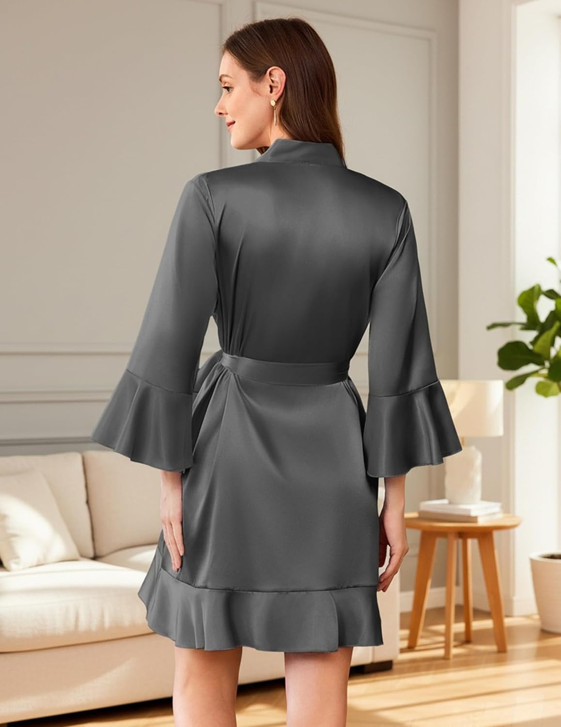 image:imageEkouaer Womens Satin Robe Short Ruffle Hem Silky Kimono Brides BathrobesDark Grey