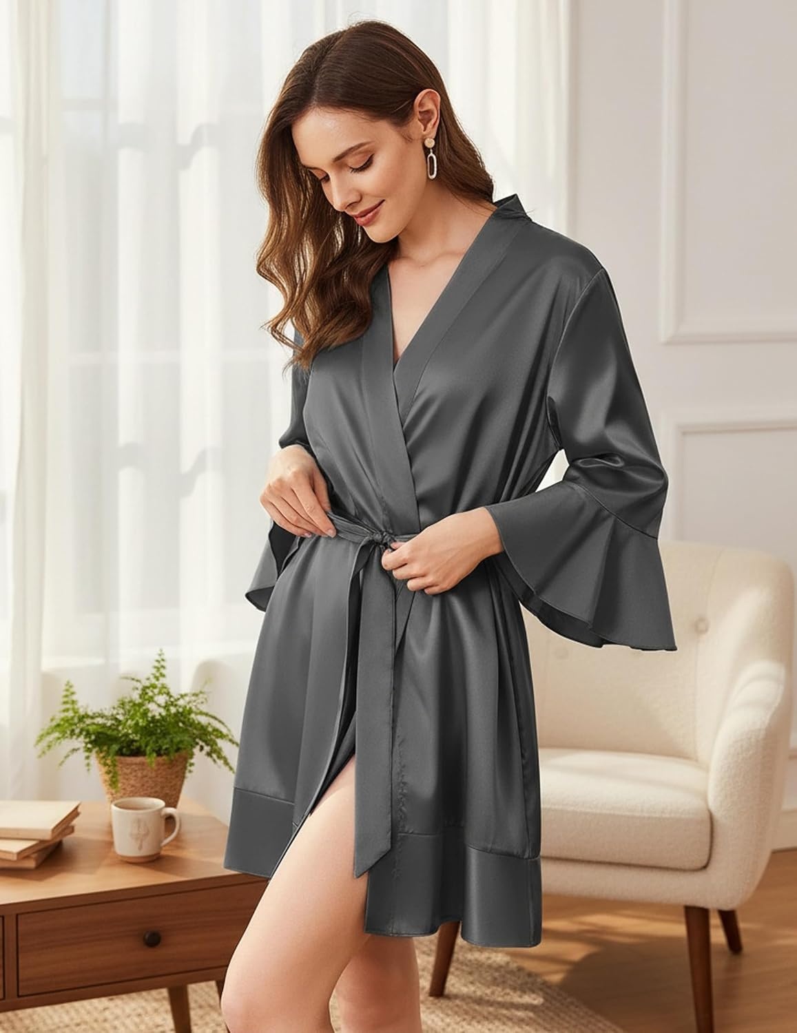 image:imageEkouaer Womens Satin Robe Short Ruffle Hem Silky Kimono Brides BathrobesDark Grey