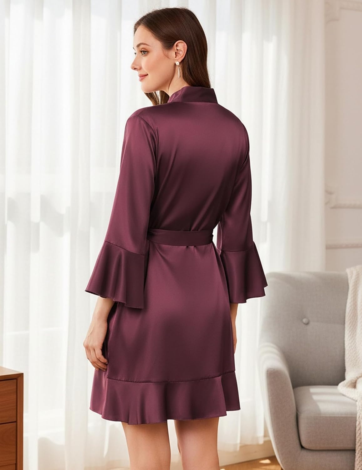 image:imageEkouaer Womens Satin Robe Short Ruffle Hem Silky Kimono Brides BathrobesDeep Red