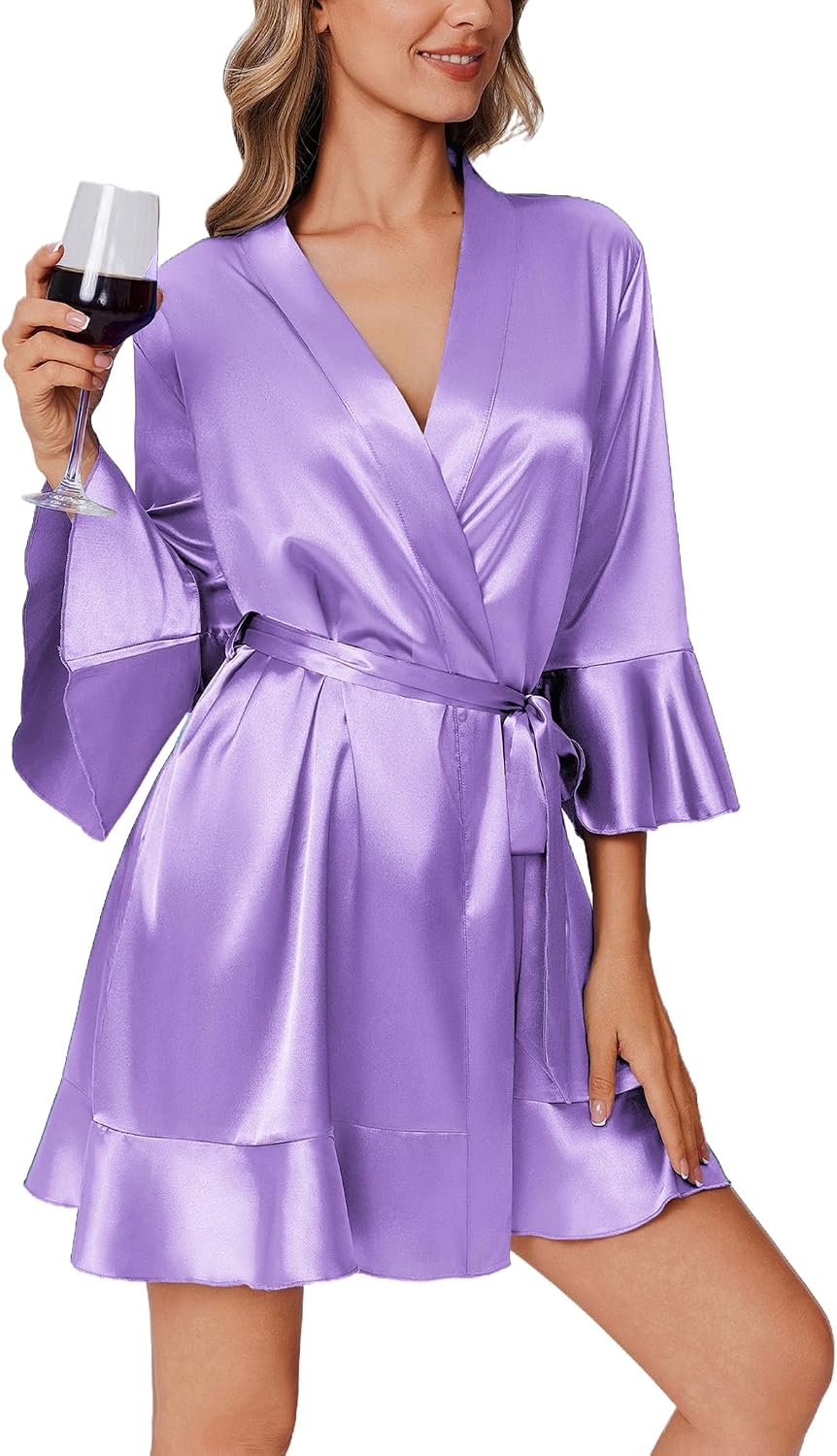 image:imageEkouaer Womens Satin Robe Short Ruffle Hem Silky Kimono Brides BathrobesLavender