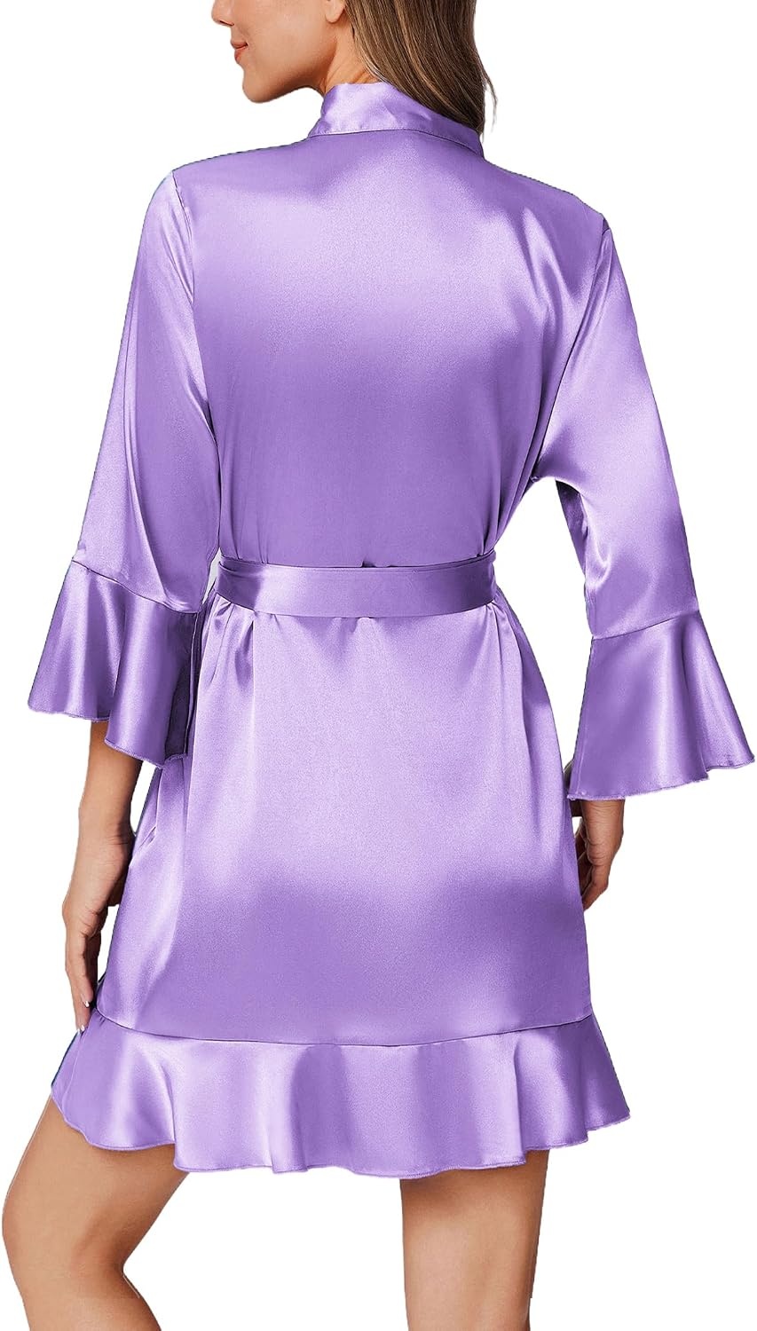 image:imageEkouaer Womens Satin Robe Short Ruffle Hem Silky Kimono Brides BathrobesLavender
