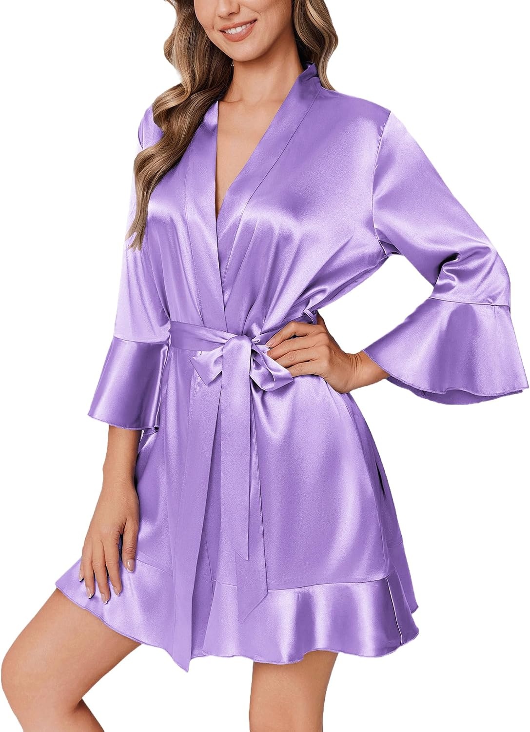 image:imageEkouaer Womens Satin Robe Short Ruffle Hem Silky Kimono Brides BathrobesLavender