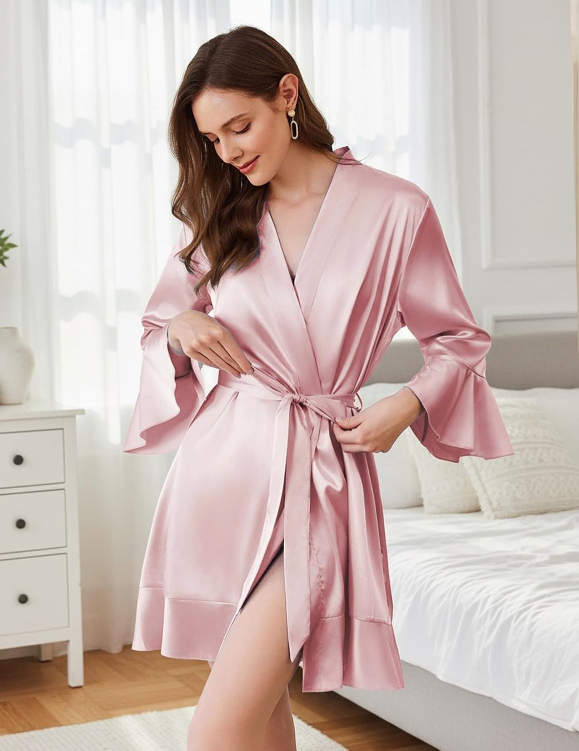 image:imageEkouaer Womens Satin Robe Short Ruffle Hem Silky Kimono Brides BathrobesPink