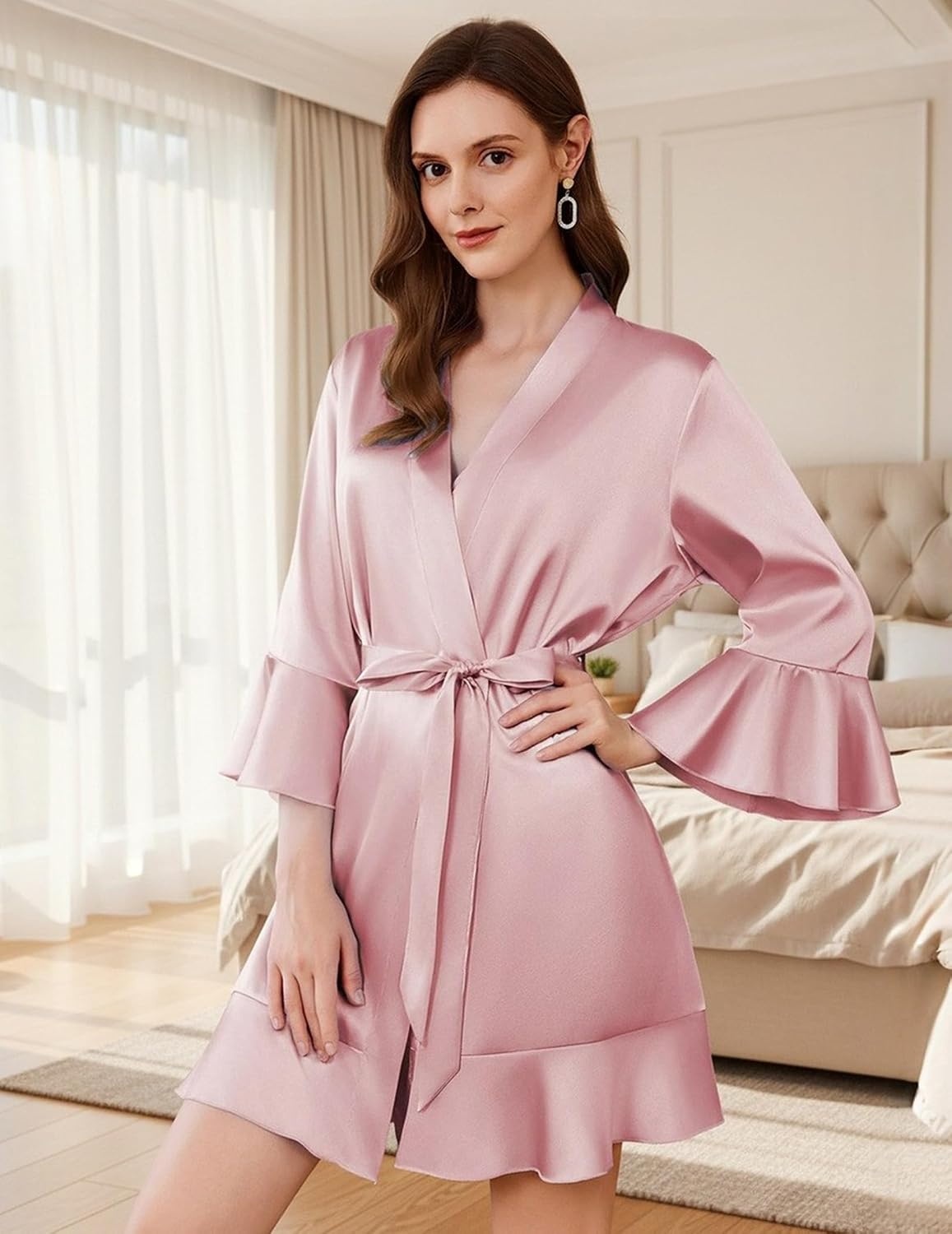 image:imageEkouaer Womens Satin Robe Short Ruffle Hem Silky Kimono Brides BathrobesPink
