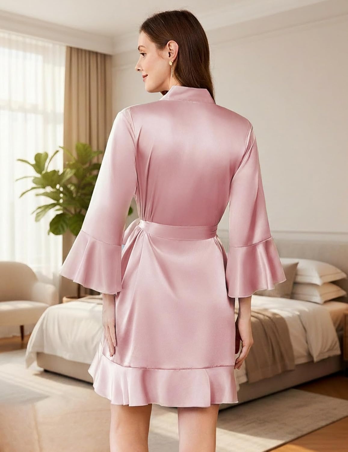 image:imageEkouaer Womens Satin Robe Short Ruffle Hem Silky Kimono Brides BathrobesPink