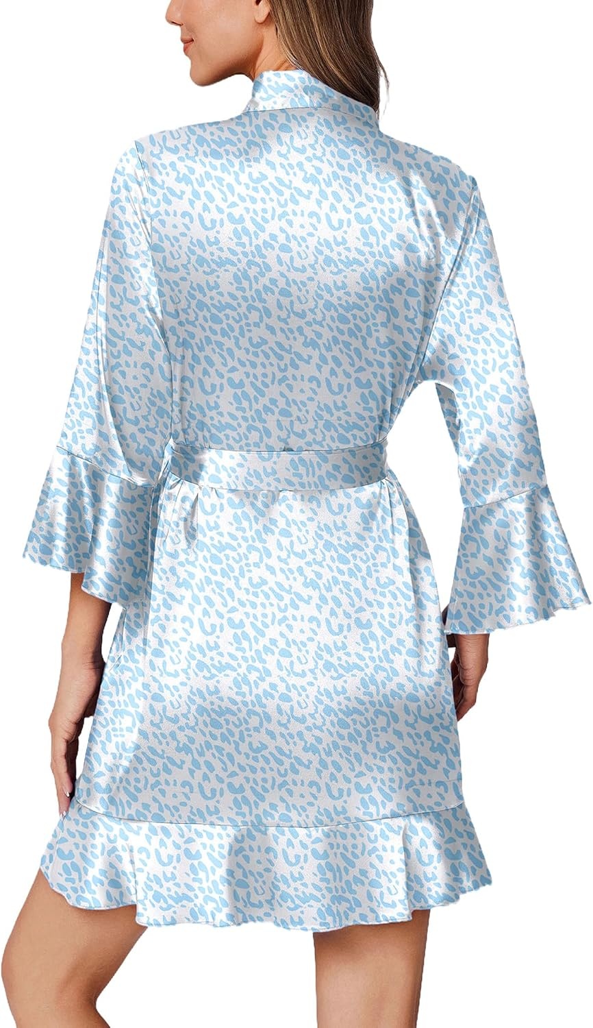 image:imageEkouaer Womens Satin Robe Short Ruffle Hem Silky Kimono Brides BathrobesWhite Blue Leopard