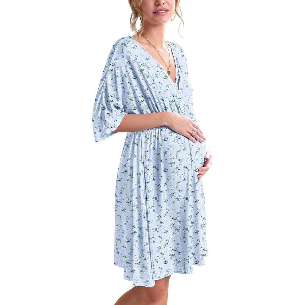 image:imageEkouaer 3 in 1 LaborDeliveryHospital Gown 2 Pack Maternity Dress Nursing Nightgown SleepwearBlue Small Flowers