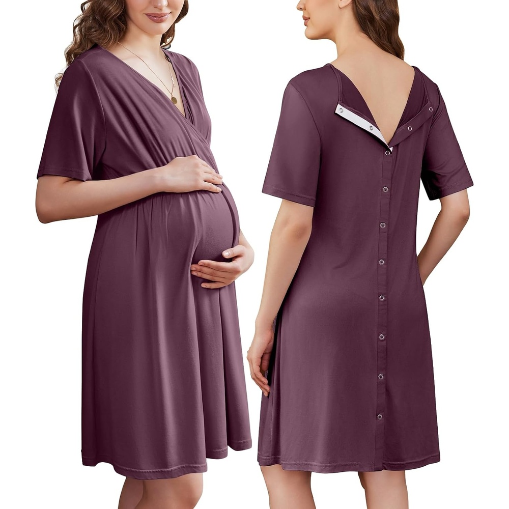 image:imageEkouaer Labor and Delivery Gown for Hospital V Neck Maternity Nursing DressPurple Red