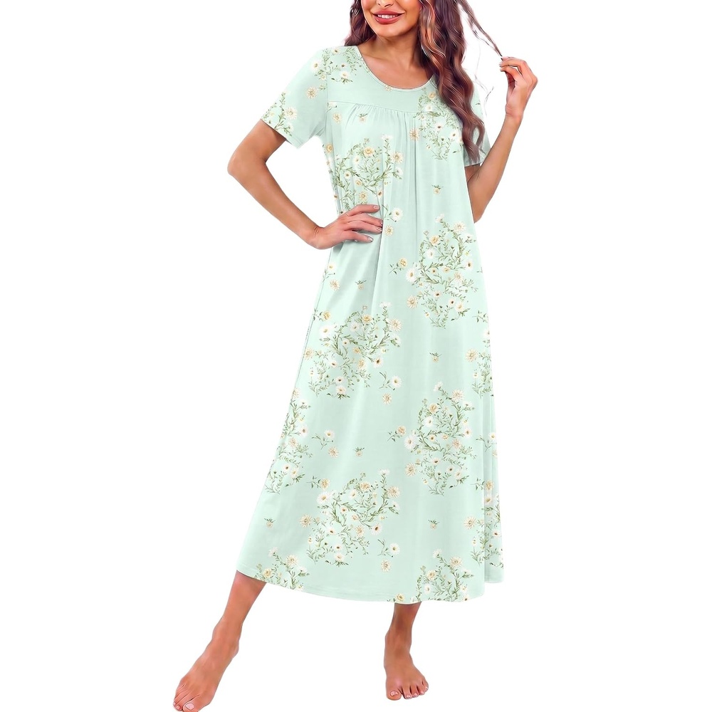 image:imageEkouaer Long Nightgowns for Women Bamboo Viscose Short Sleeve House Dresses1 Daisy Green