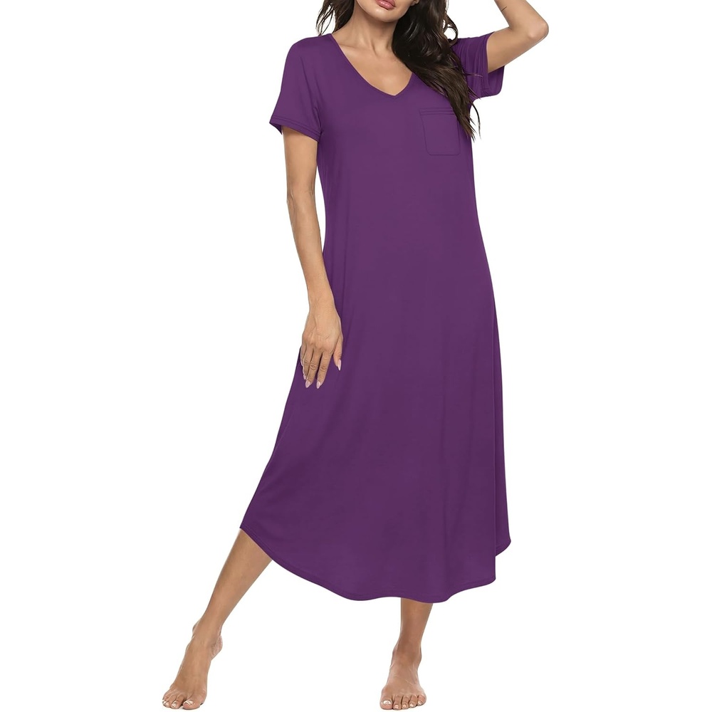 image:imageEkouaer Long Nightgowns for Women Bamboo Viscose Short Sleeve SleepshirtDeep Purple