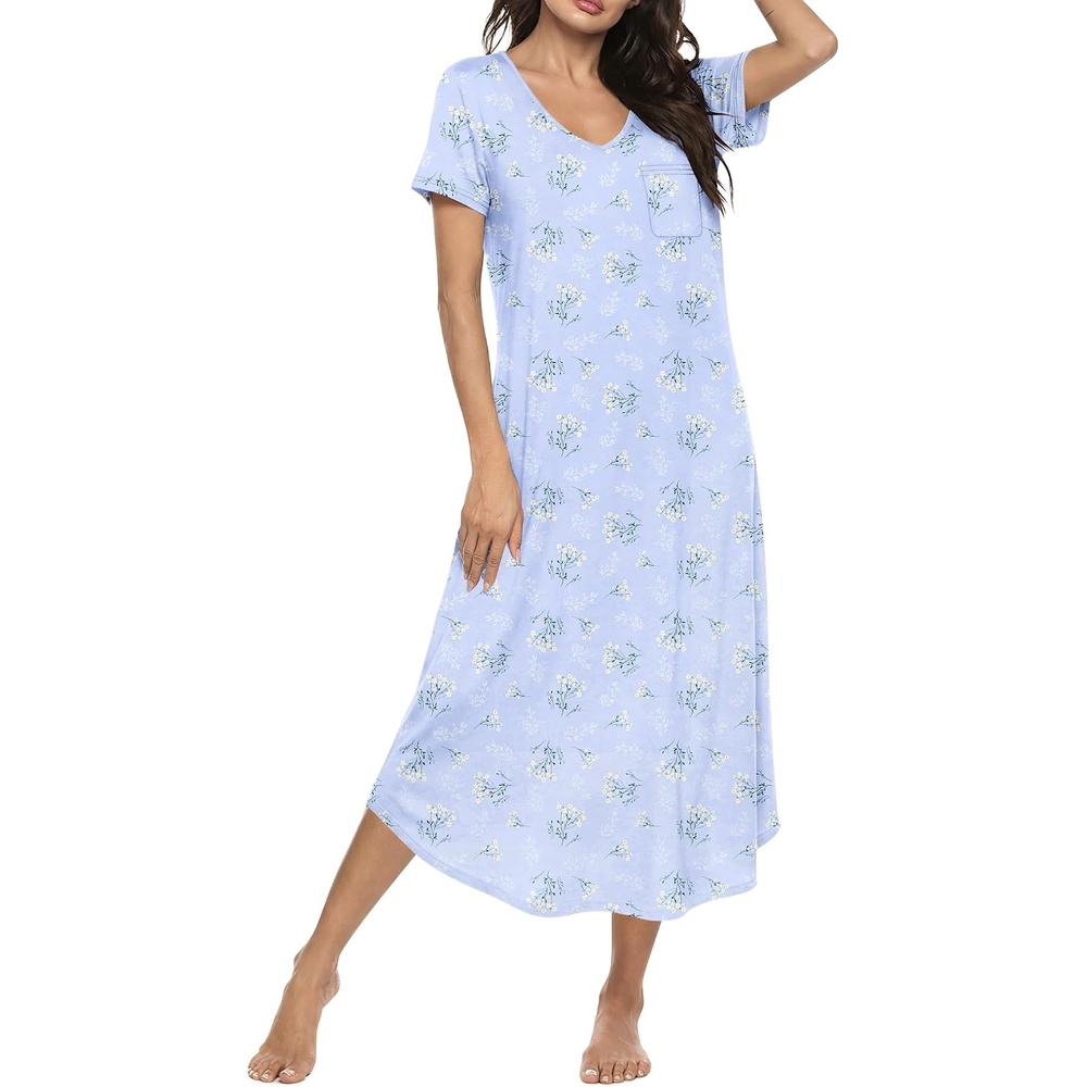 image:imageEkouaer Long Nightgowns for Women Bamboo Viscose Short Sleeve SleepshirtFloral Blue