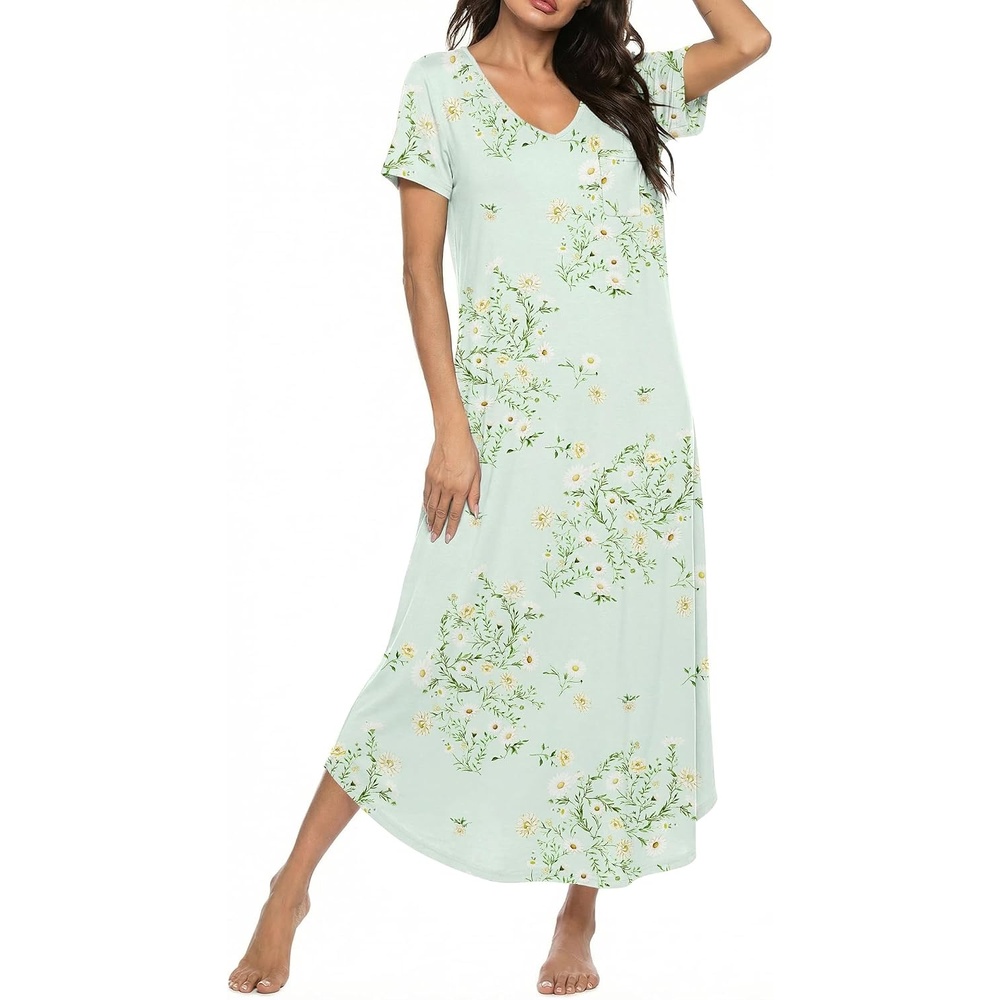 image:imageEkouaer Long Nightgowns for Women Bamboo Viscose Short Sleeve SleepshirtFloral Mint Green