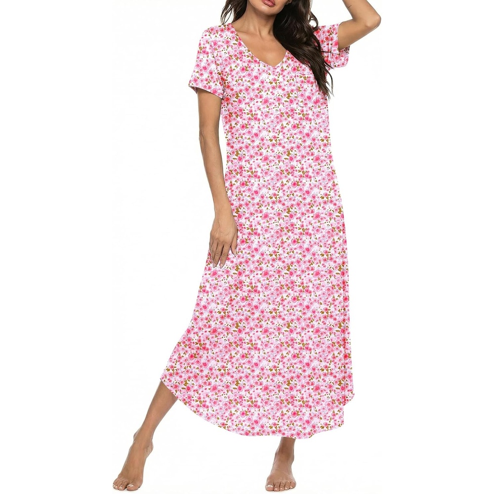 image:imageEkouaer Long Nightgowns for Women Bamboo Viscose Short Sleeve SleepshirtFloral Pink