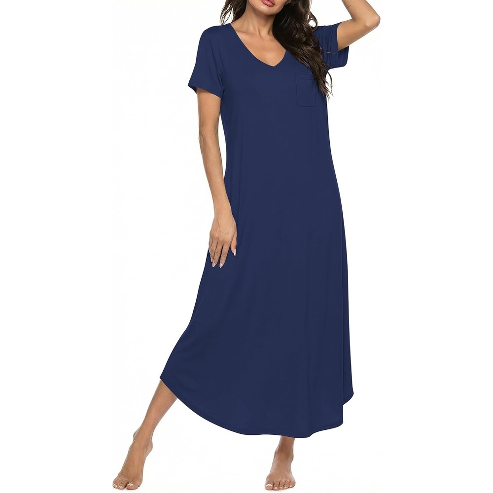 image:imageEkouaer Long Nightgowns for Women Bamboo Viscose Short Sleeve SleepshirtNavy Blue