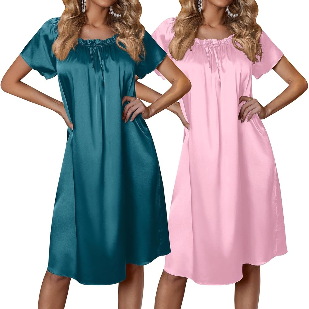image:imageEkouaer Nightgown for Women Satin Silk Night Gown Loose Plus Size SleepwearBlue GreenDark Pink
