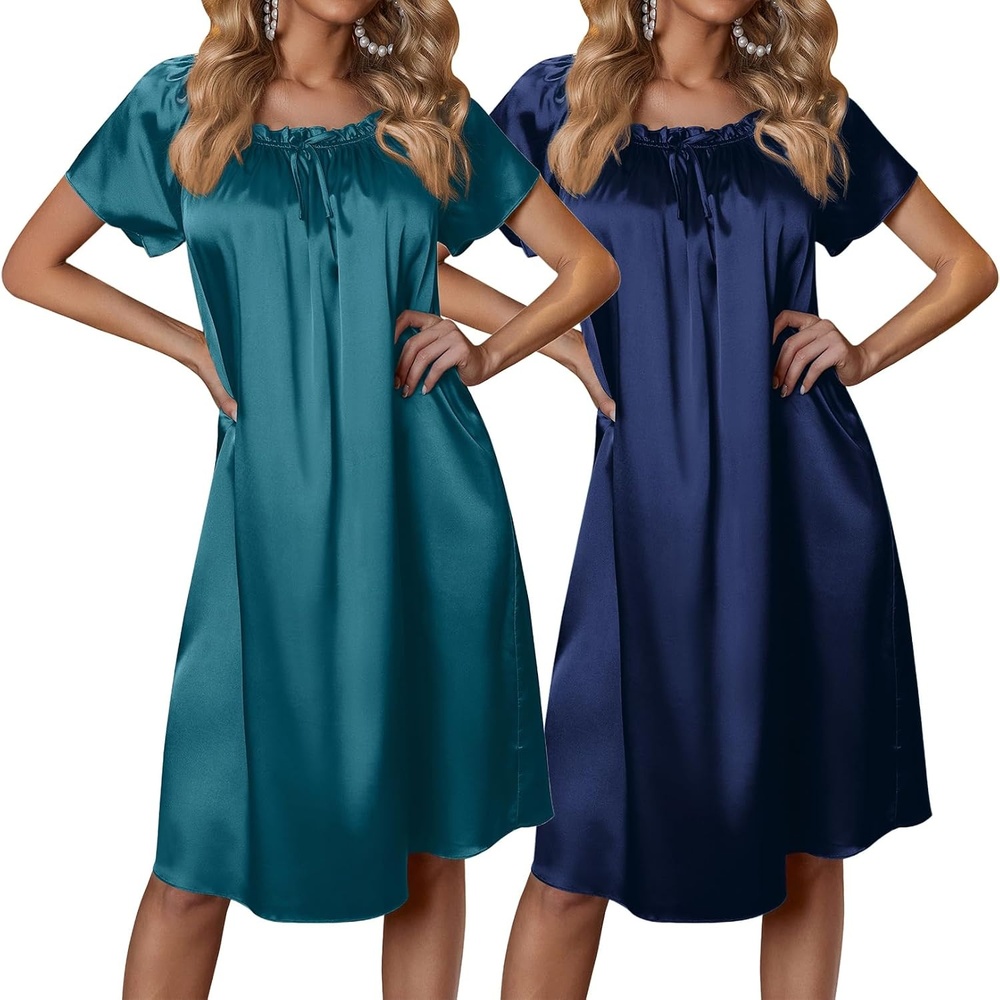 image:imageEkouaer Nightgown for Women Satin Silk Night Gown Loose Plus Size SleepwearBlue GreenNavy Blue