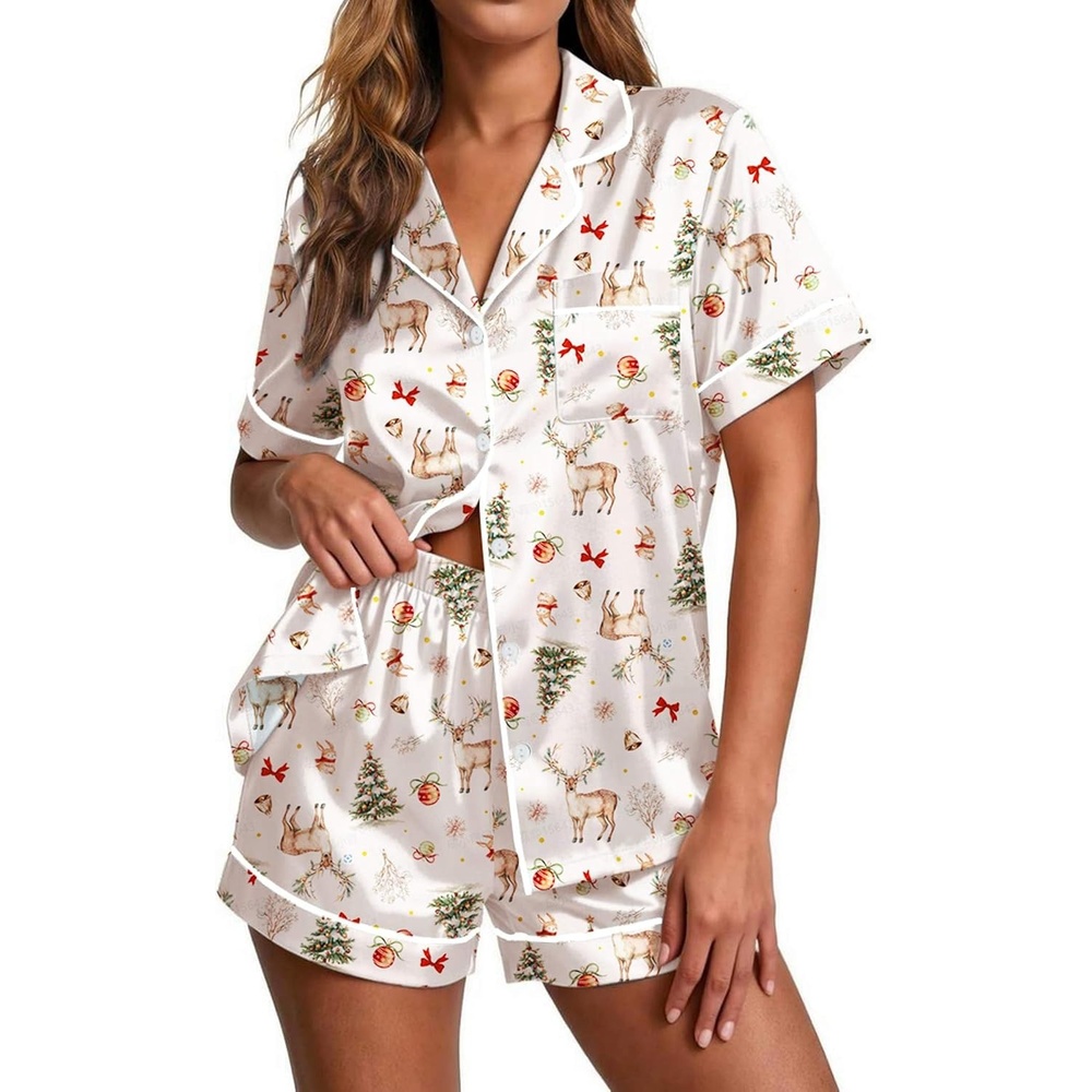 image:imageEkouaer Pajamas for Women Set Silk Satin Pjs 2 Piece Button Down SleepwearChristmas Tree Reindeer