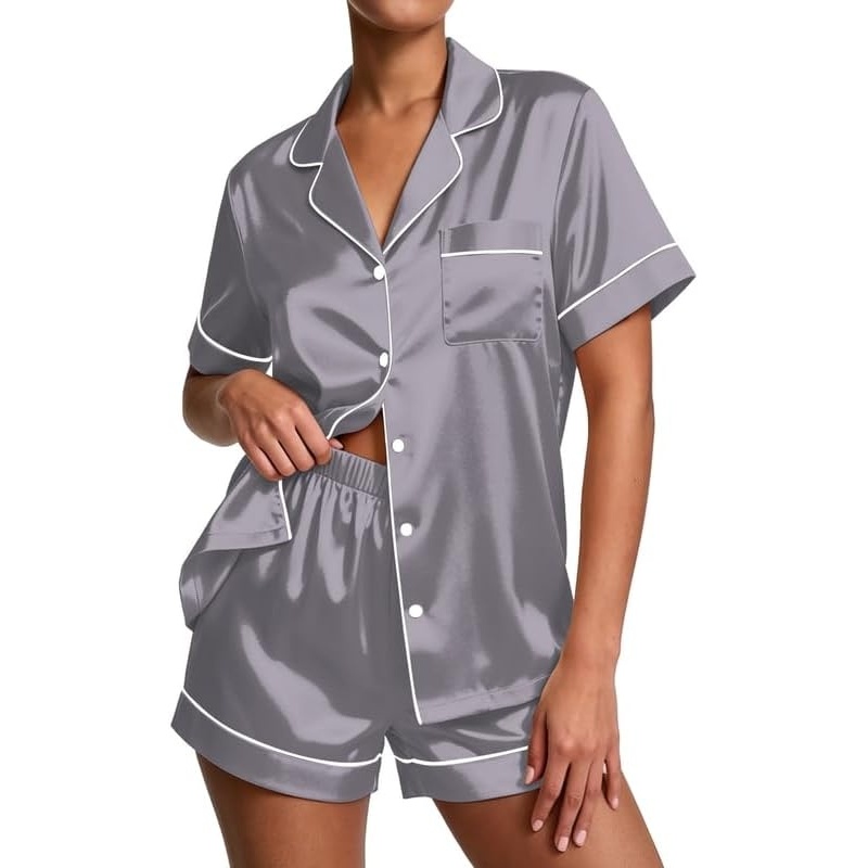 image:imageEkouaer Pajamas for Women Set Silk Satin Pjs 2 Piece Button Down SleepwearGrey