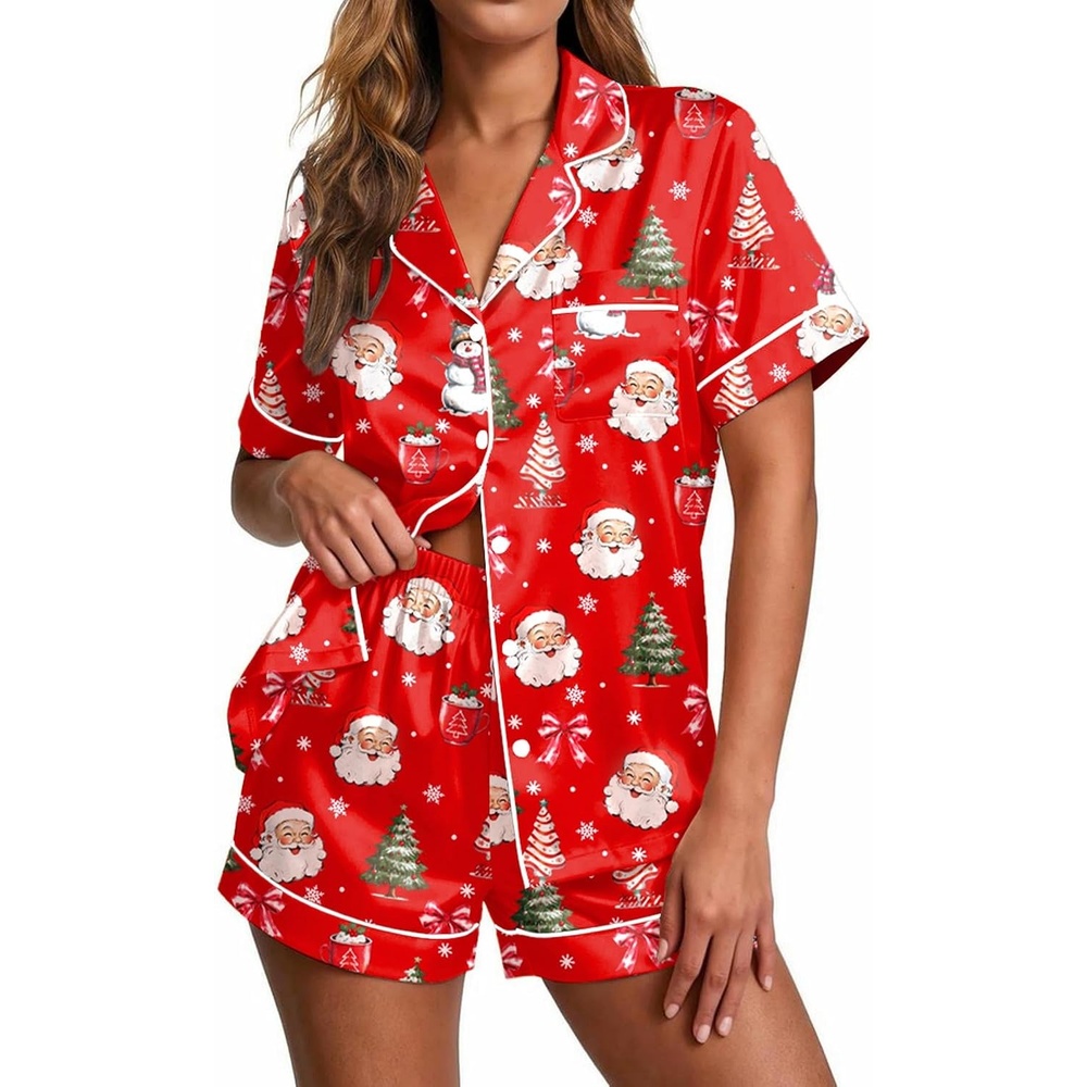 image:imageEkouaer Pajamas for Women Set Silk Satin Pjs 2 Piece Button Down SleepwearWatercolor Christmas
