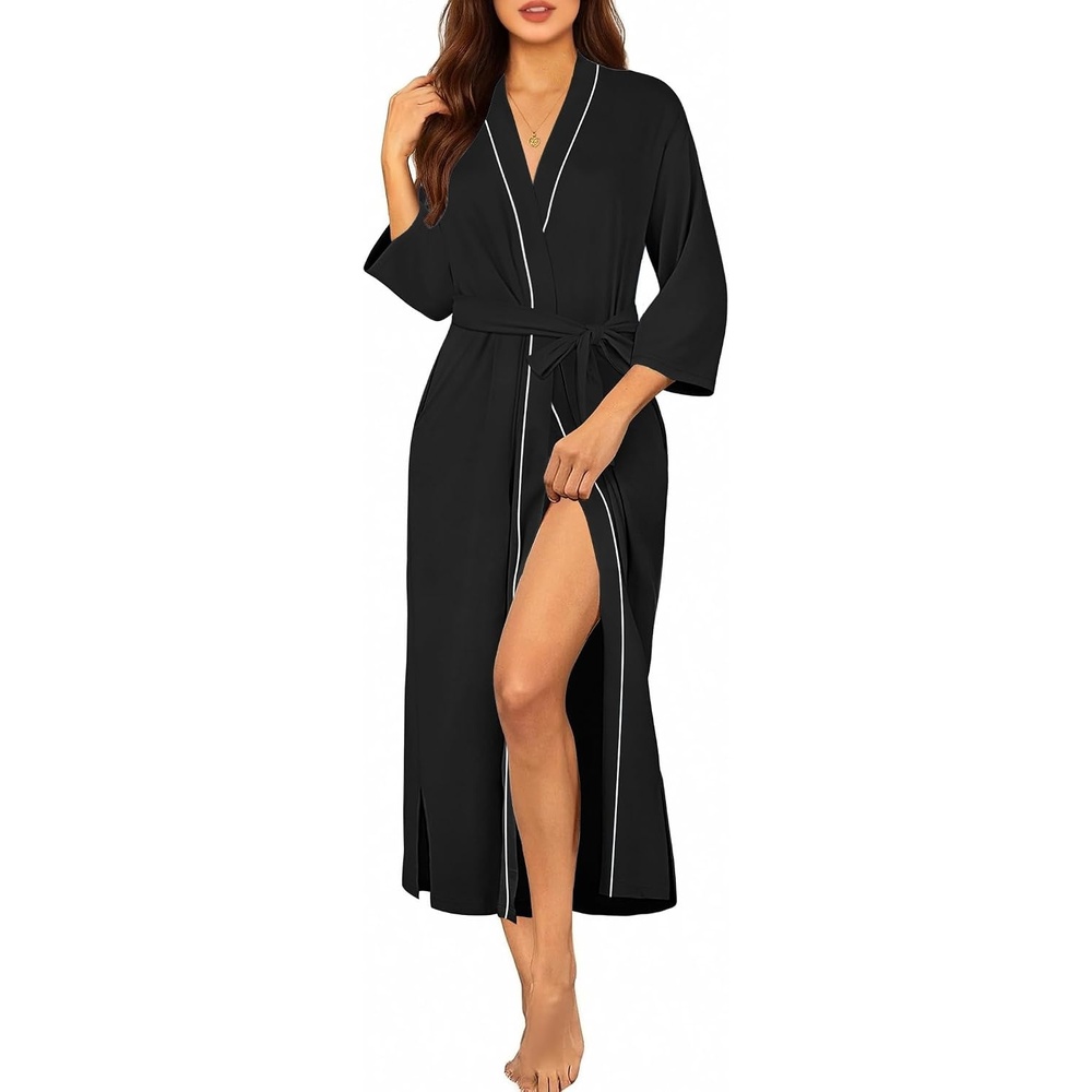 image:imageEkouaer Robes for Women Long Knit Bathrobe Soft 34 Sleeves Kimono RobeBlack