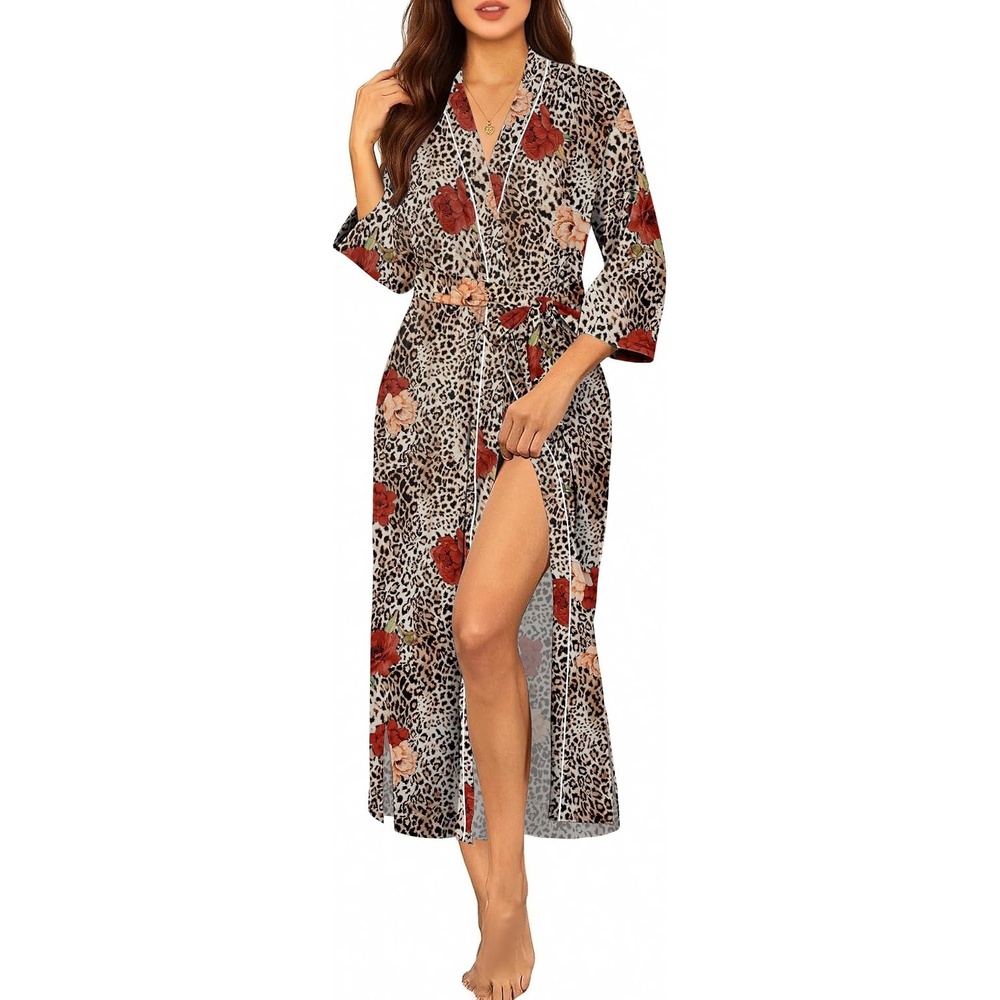 image:imageEkouaer Robes for Women Long Knit Bathrobe Soft 34 Sleeves Kimono RobeLeopard Print