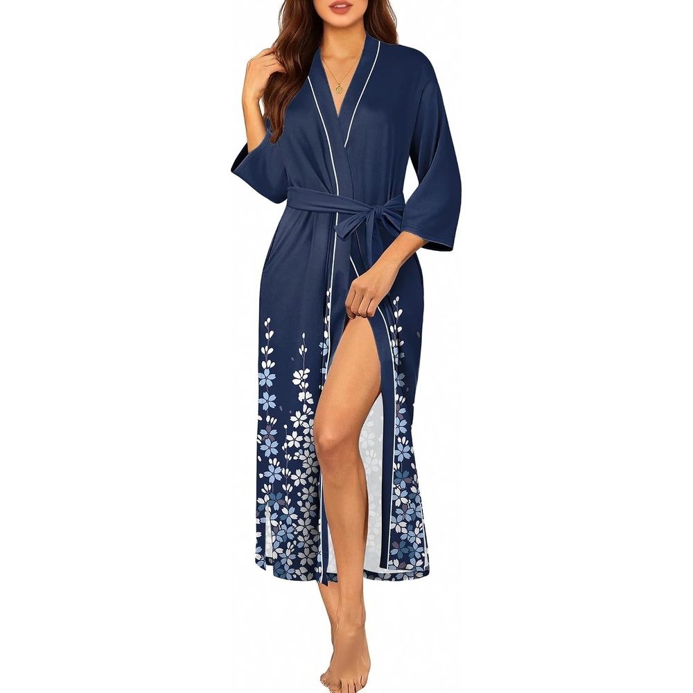 image:imageEkouaer Robes for Women Long Knit Bathrobe Soft 34 Sleeves Kimono RobeNavy Blue Floral