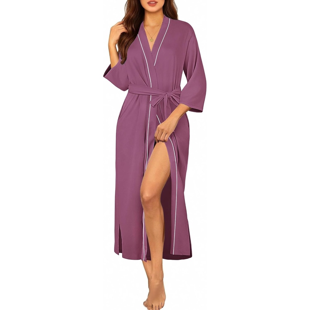 image:imageEkouaer Robes for Women Long Knit Bathrobe Soft 34 Sleeves Kimono RobePurple Red
