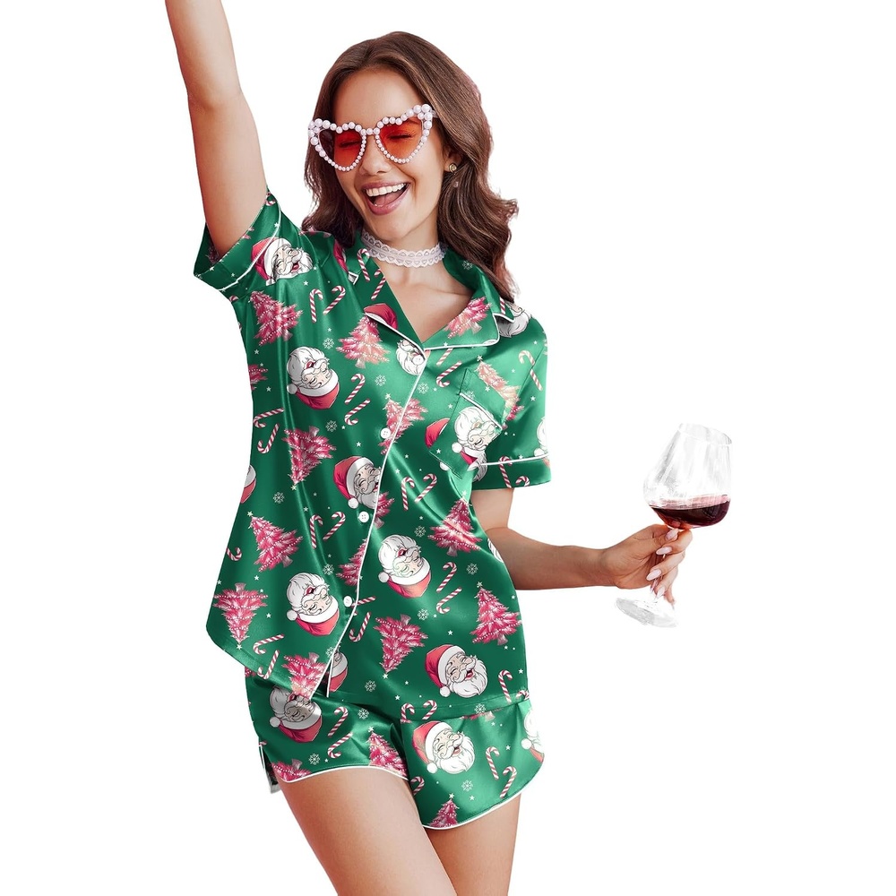 image:imageEkouaer Silk Satin Pajama Set for Women Funny Graphic Sleepwear S5XLGreen Santa Christmas Tree