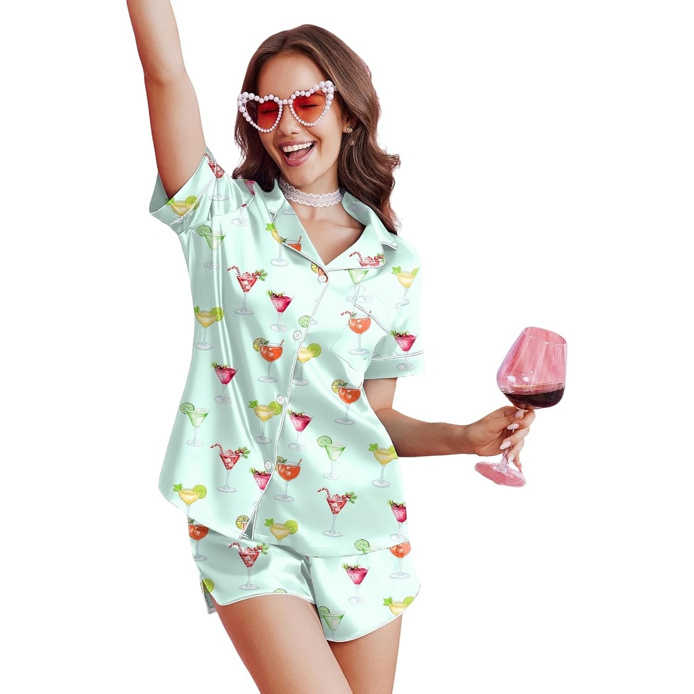 image:imageEkouaer Silk Satin Pajama Set for Women Funny Graphic Sleepwear S5XLLight Green Cocktail Glass